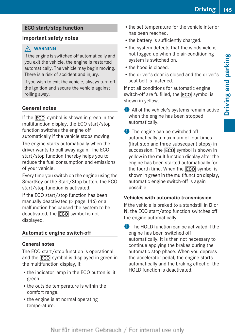 Eco start/stop function, Driving and parking, Driving | Mercedes-Benz 2013 C Class Sedan User Manual | Page 147 / 360