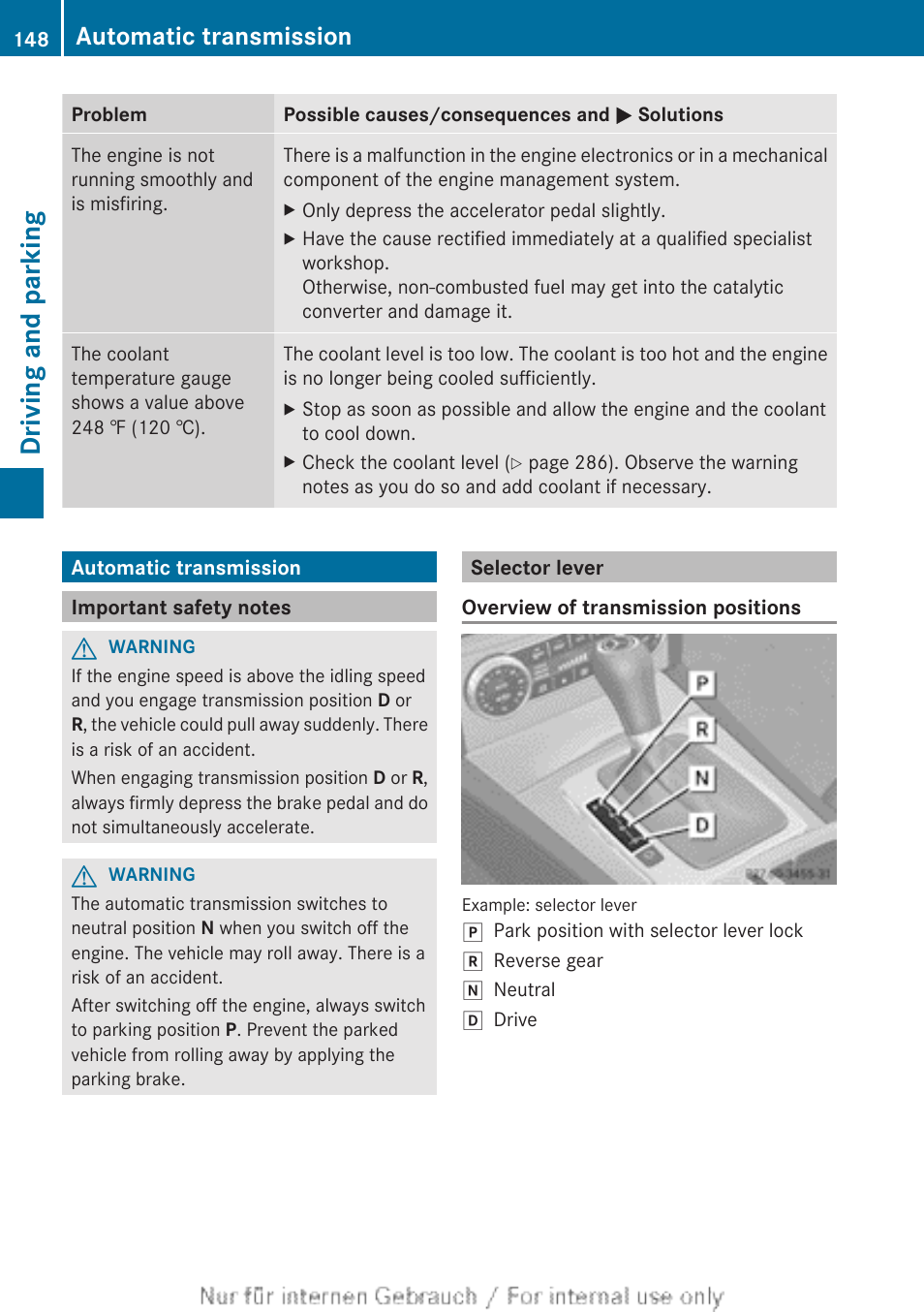 Automatic transmission, Important safety notes, Selector lever | Driving and parking | Mercedes-Benz 2013 C Class Sedan User Manual | Page 150 / 360