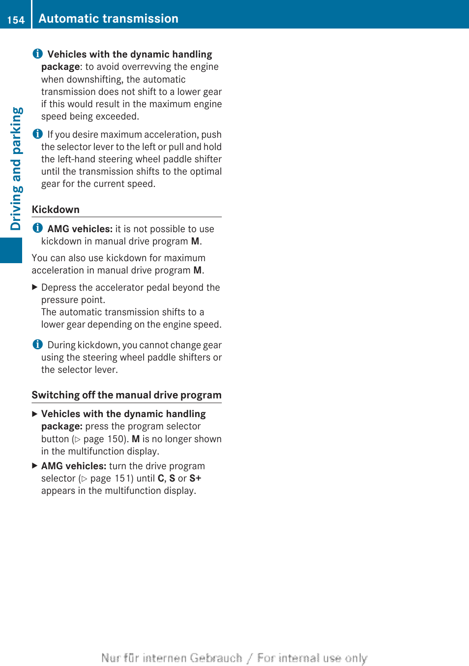 Driving and parking, Automatic transmission | Mercedes-Benz 2013 C Class Sedan User Manual | Page 156 / 360