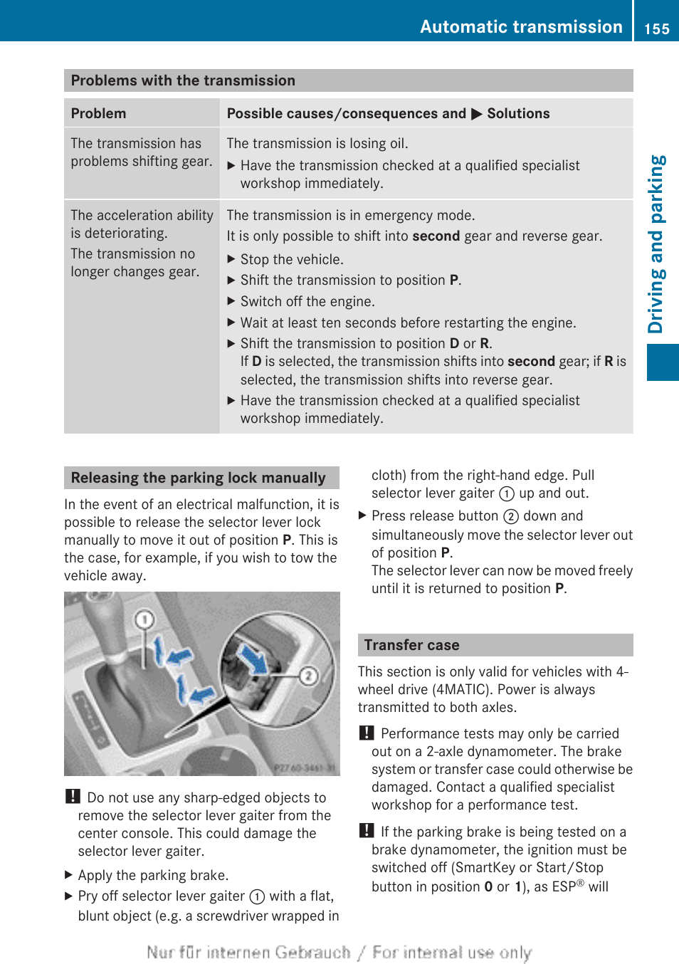 Problems with the transmission, Releasing the parking lock manually, Transfer case | Driving and parking, Automatic transmission | Mercedes-Benz 2013 C Class Sedan User Manual | Page 157 / 360