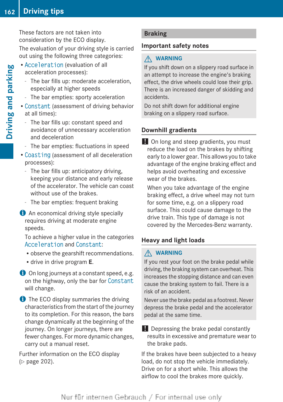 Braking, Driving tips, Driving and parking | Mercedes-Benz 2013 C Class Sedan User Manual | Page 164 / 360