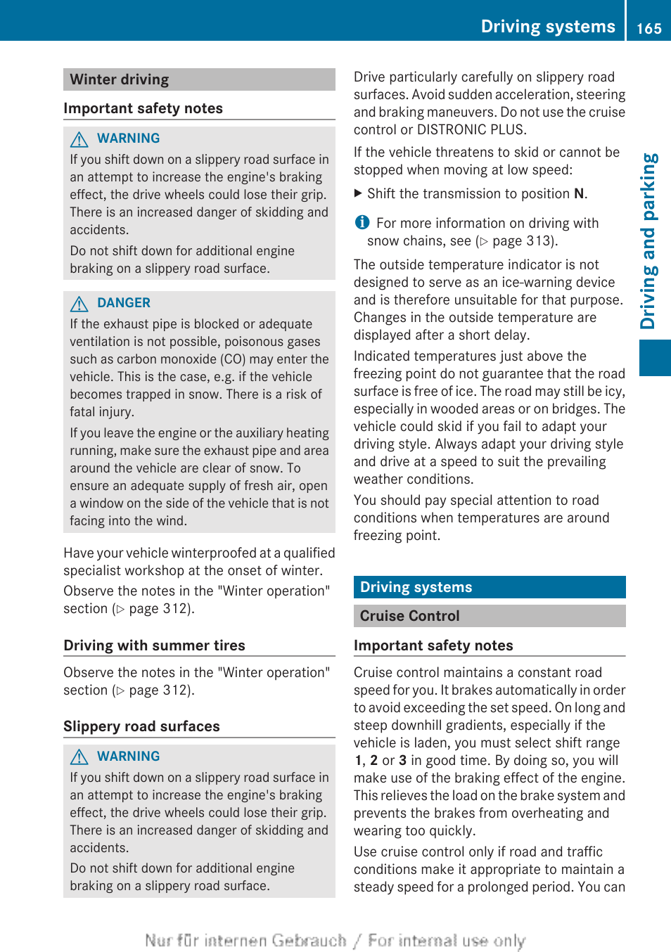 Winter driving, Driving systems, Cruise control | Driving and parking | Mercedes-Benz 2013 C Class Sedan User Manual | Page 167 / 360