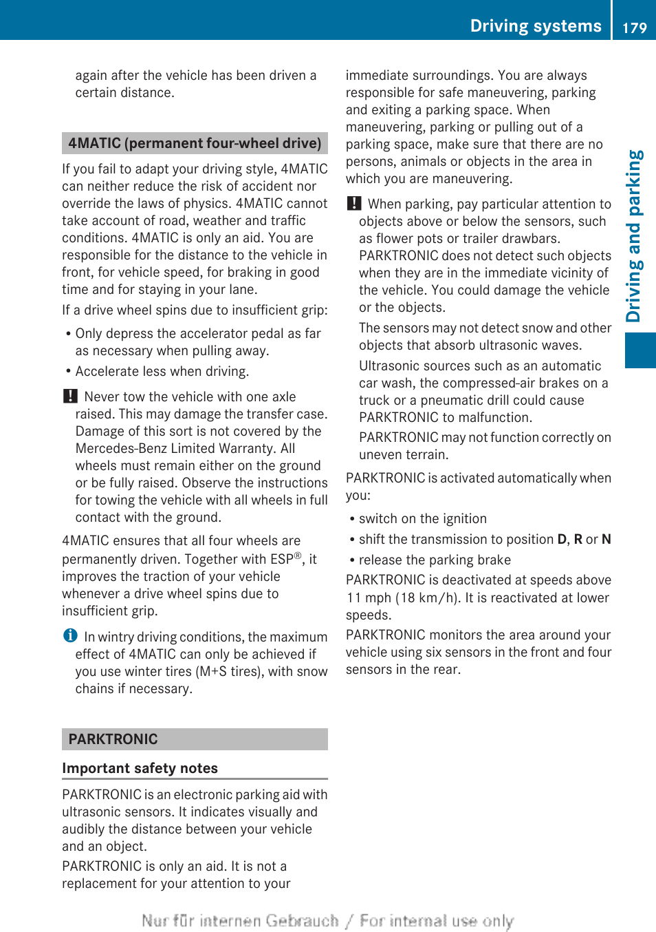 4matic (permanent four-wheel drive), Parktronic, Driving and parking | Driving systems | Mercedes-Benz 2013 C Class Sedan User Manual | Page 181 / 360