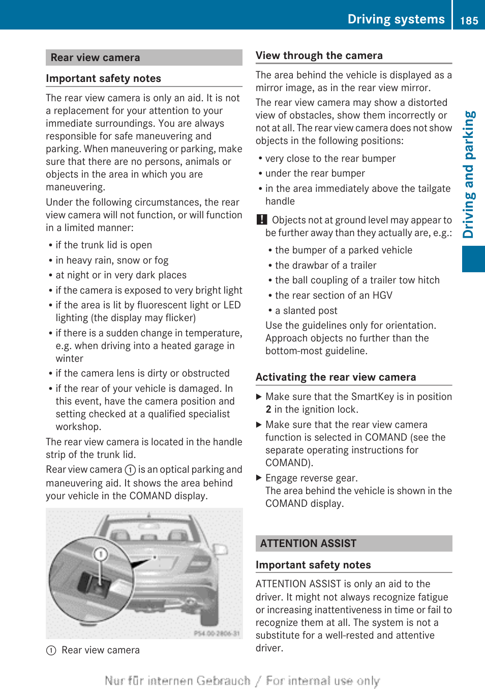 Rear view camera, Attention assist, Driving and parking | Driving systems | Mercedes-Benz 2013 C Class Sedan User Manual | Page 187 / 360