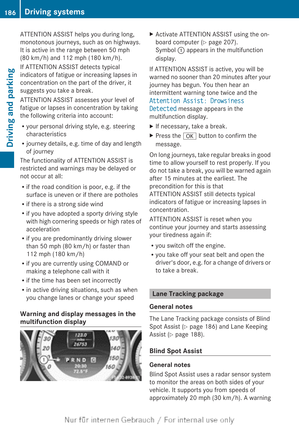 Lane tracking package, Driving and parking, Driving systems | Mercedes-Benz 2013 C Class Sedan User Manual | Page 188 / 360