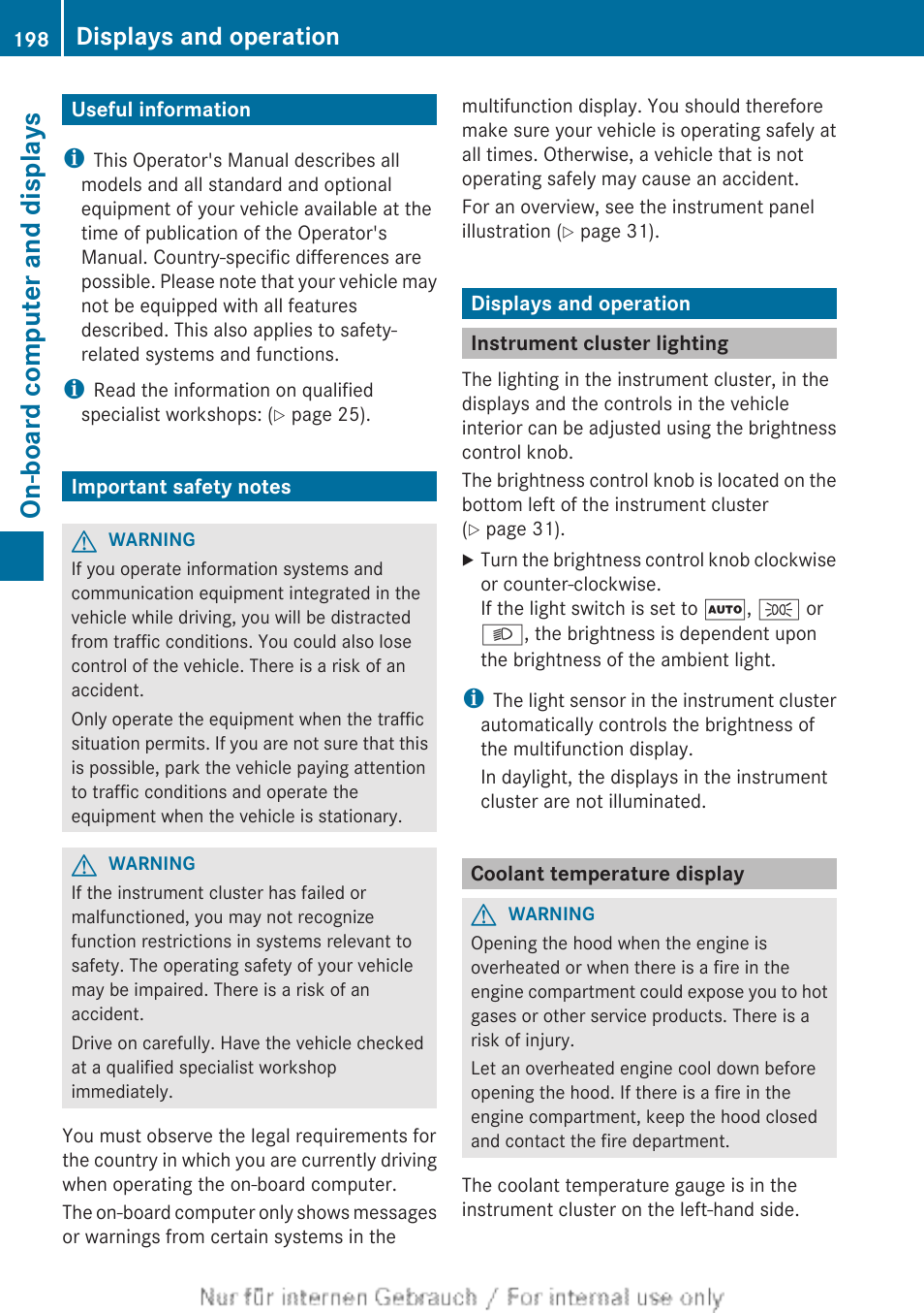 On-board computer and displays, Useful information, Important safety notes | Displays and operation, Instrument cluster lighting, Coolant temperature display | Mercedes-Benz 2013 C Class Sedan User Manual | Page 200 / 360