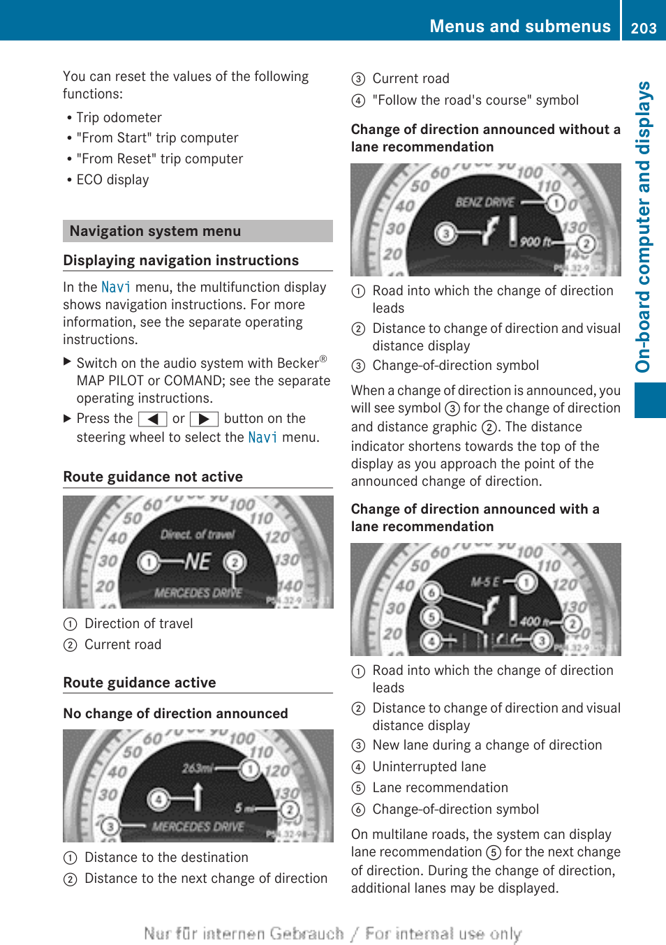 Navigation system menu, On-board computer and displays, Menus and submenus | Mercedes-Benz 2013 C Class Sedan User Manual | Page 205 / 360