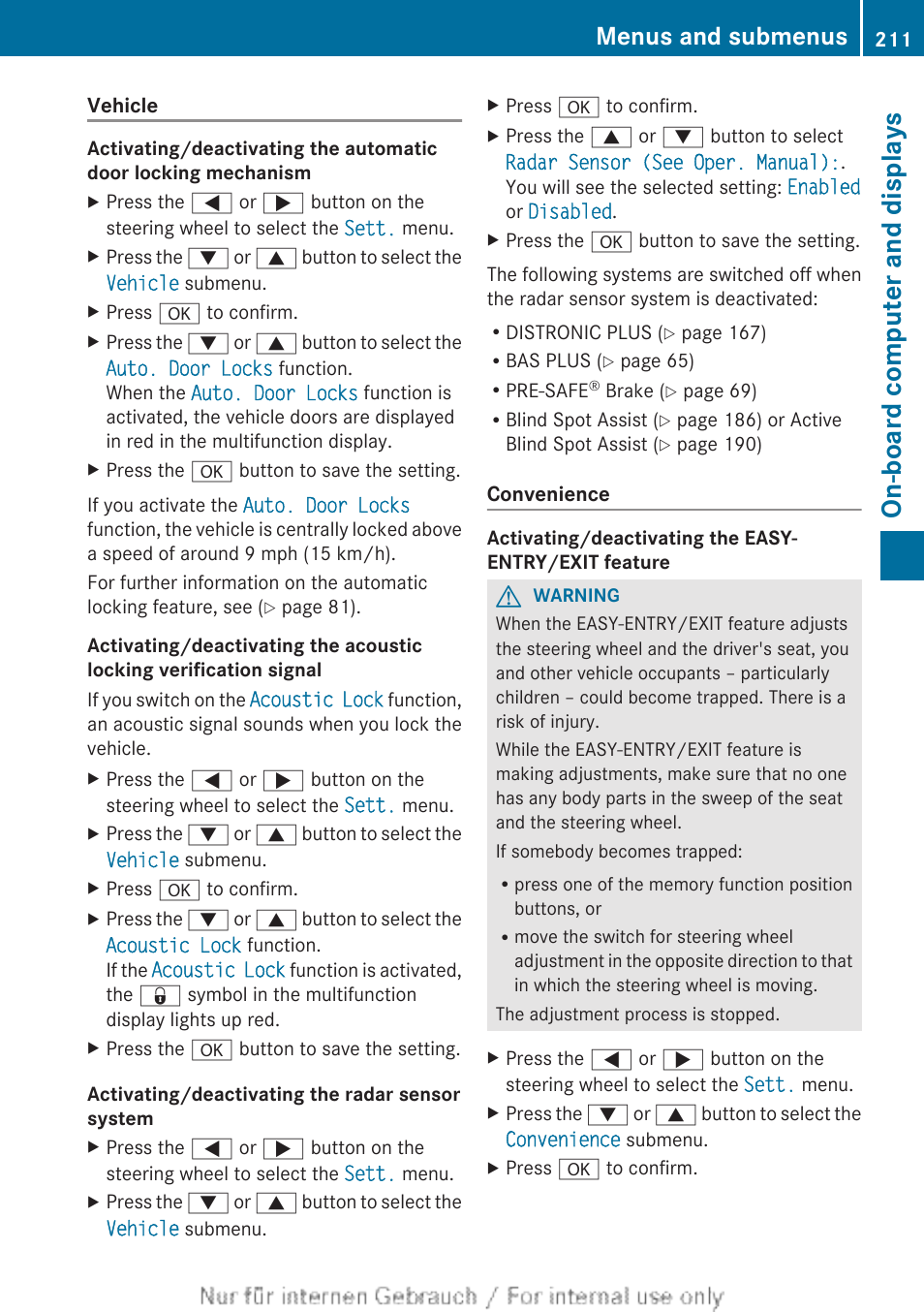Activated, The on-board computer, Computer | Locking feature, On-board computer and displays, Menus and submenus | Mercedes-Benz 2013 C Class Sedan User Manual | Page 213 / 360