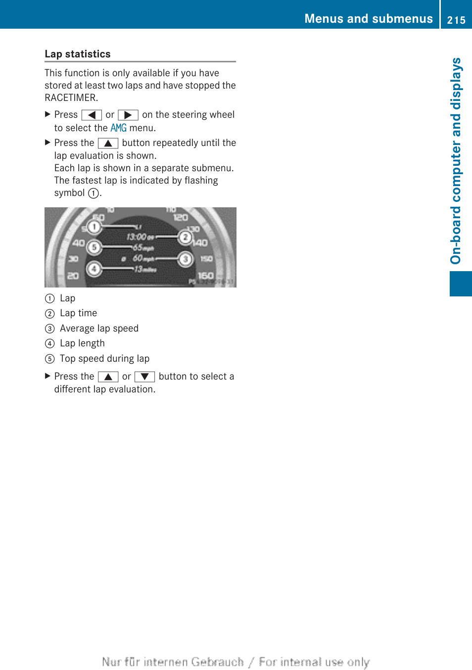 On-board computer and displays, Menus and submenus | Mercedes-Benz 2013 C Class Sedan User Manual | Page 217 / 360