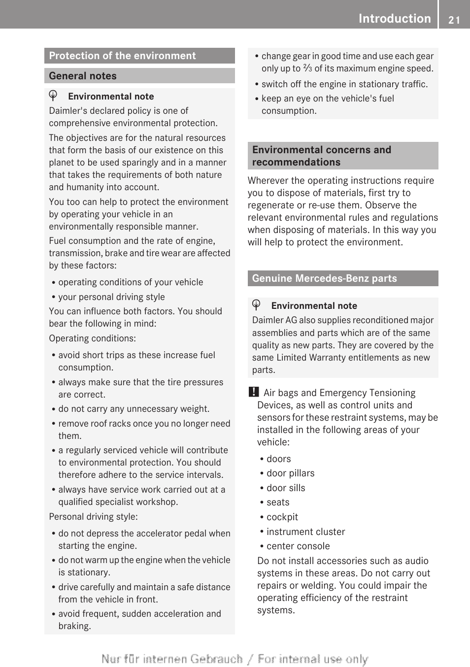 Introduction, Protection of the environment, General notes | Environmental concerns and recommendations, Genuine mercedes-benz parts | Mercedes-Benz 2013 C Class Sedan User Manual | Page 23 / 360