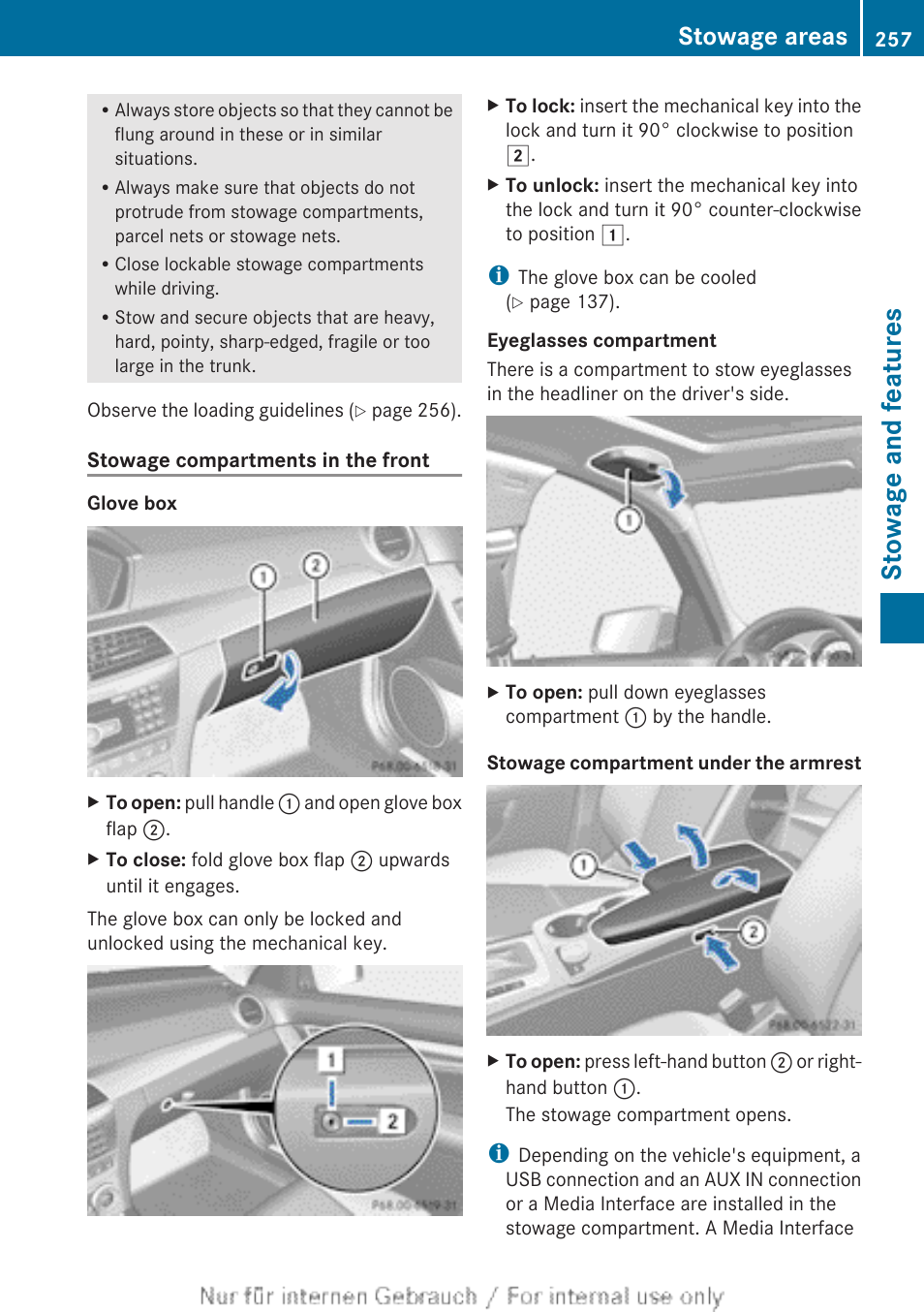 Stowage and features, Stowage areas | Mercedes-Benz 2013 C Class Sedan User Manual | Page 259 / 360