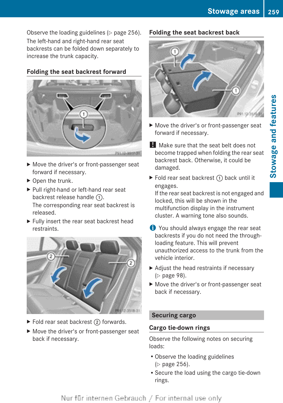 Securing cargo, Stowage and features, Stowage areas | Mercedes-Benz 2013 C Class Sedan User Manual | Page 261 / 360