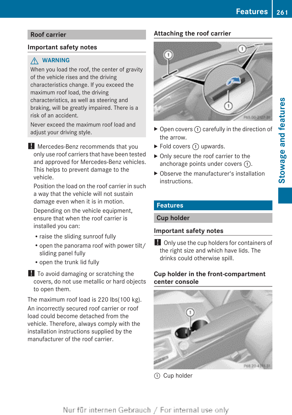 Roof carrier, Features, Cup holder | Stowage and features | Mercedes-Benz 2013 C Class Sedan User Manual | Page 263 / 360