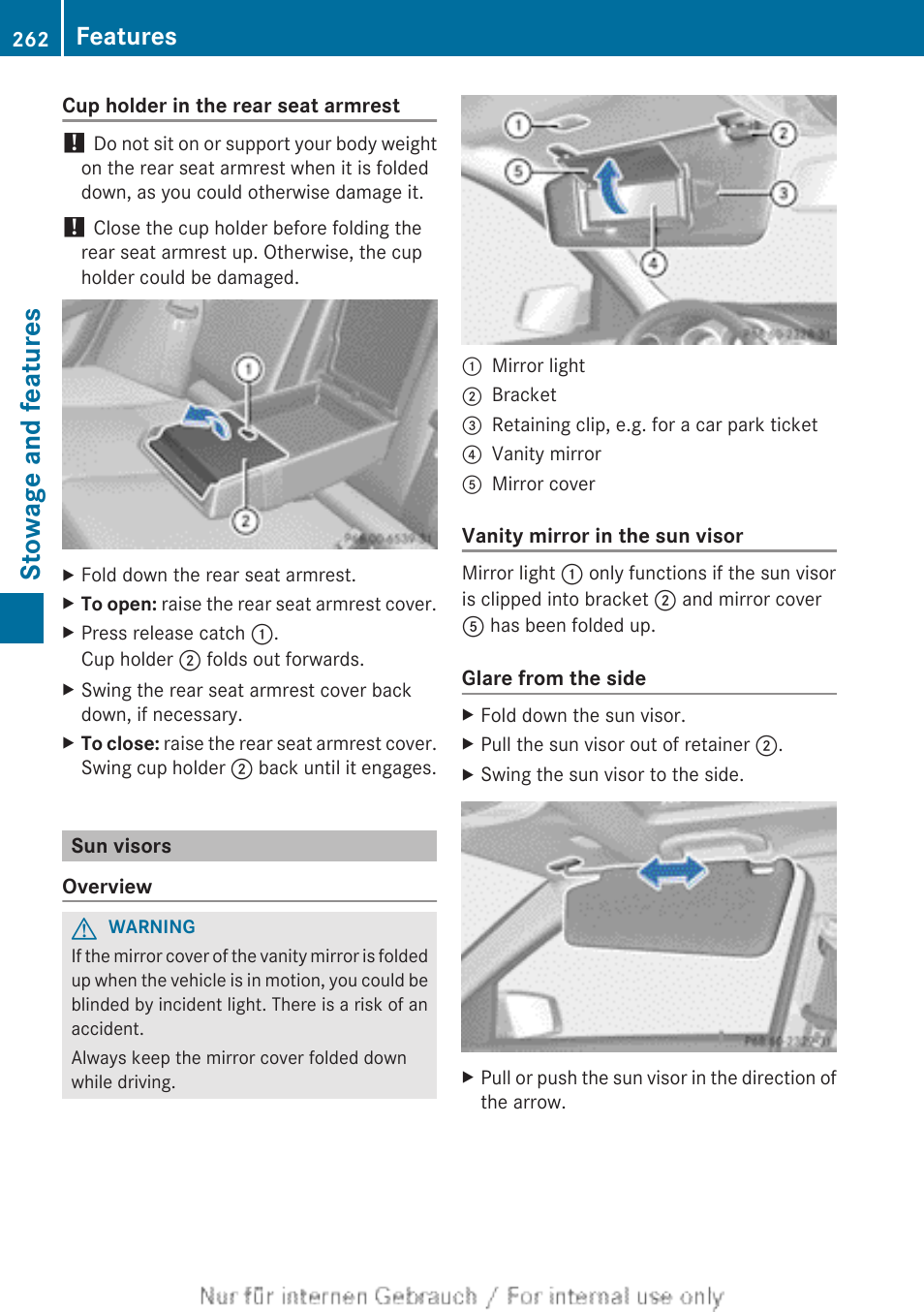 Sun visors, Stowage and features, Features | Mercedes-Benz 2013 C Class Sedan User Manual | Page 264 / 360