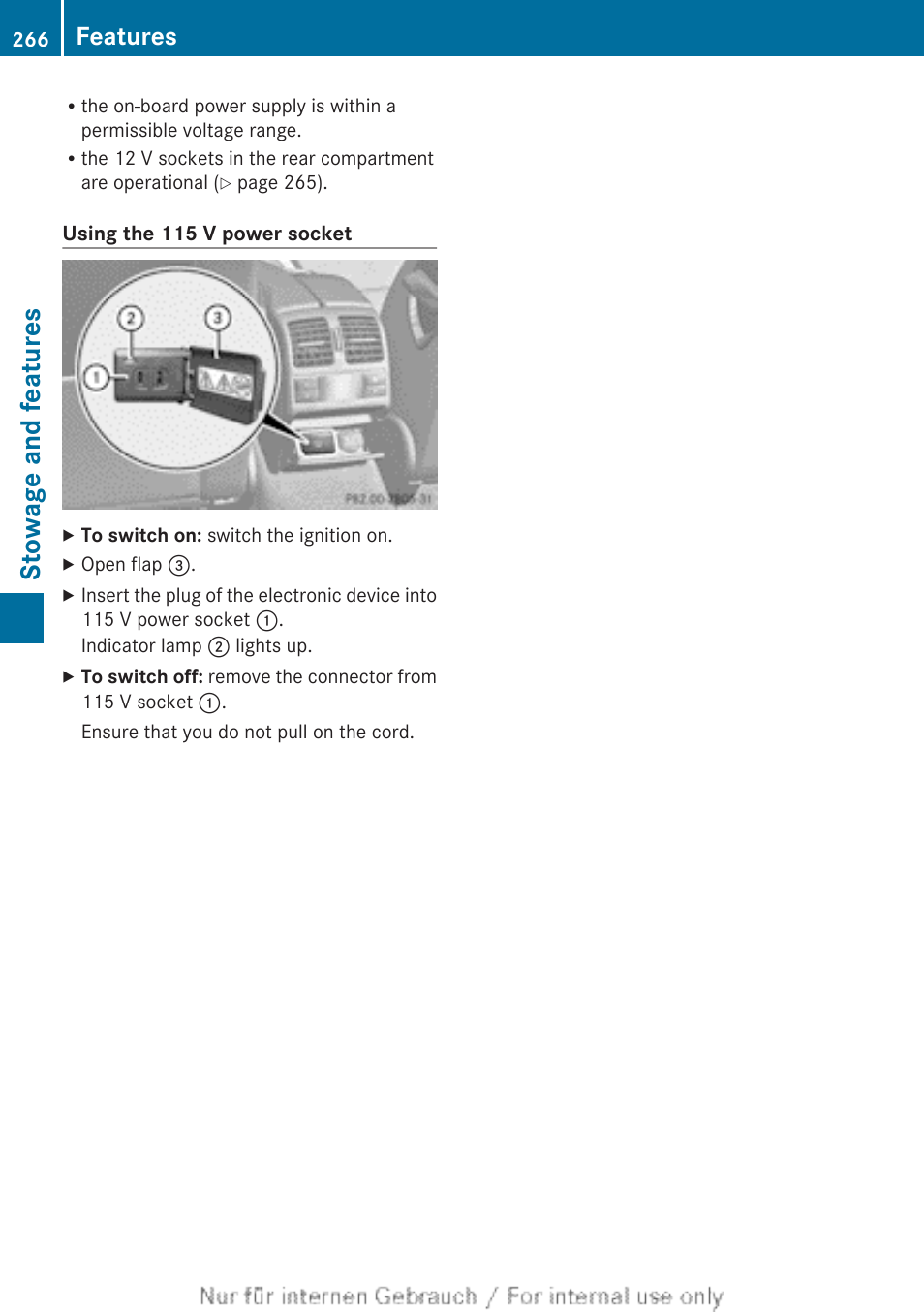 Stowage and features, Features | Mercedes-Benz 2013 C Class Sedan User Manual | Page 268 / 360