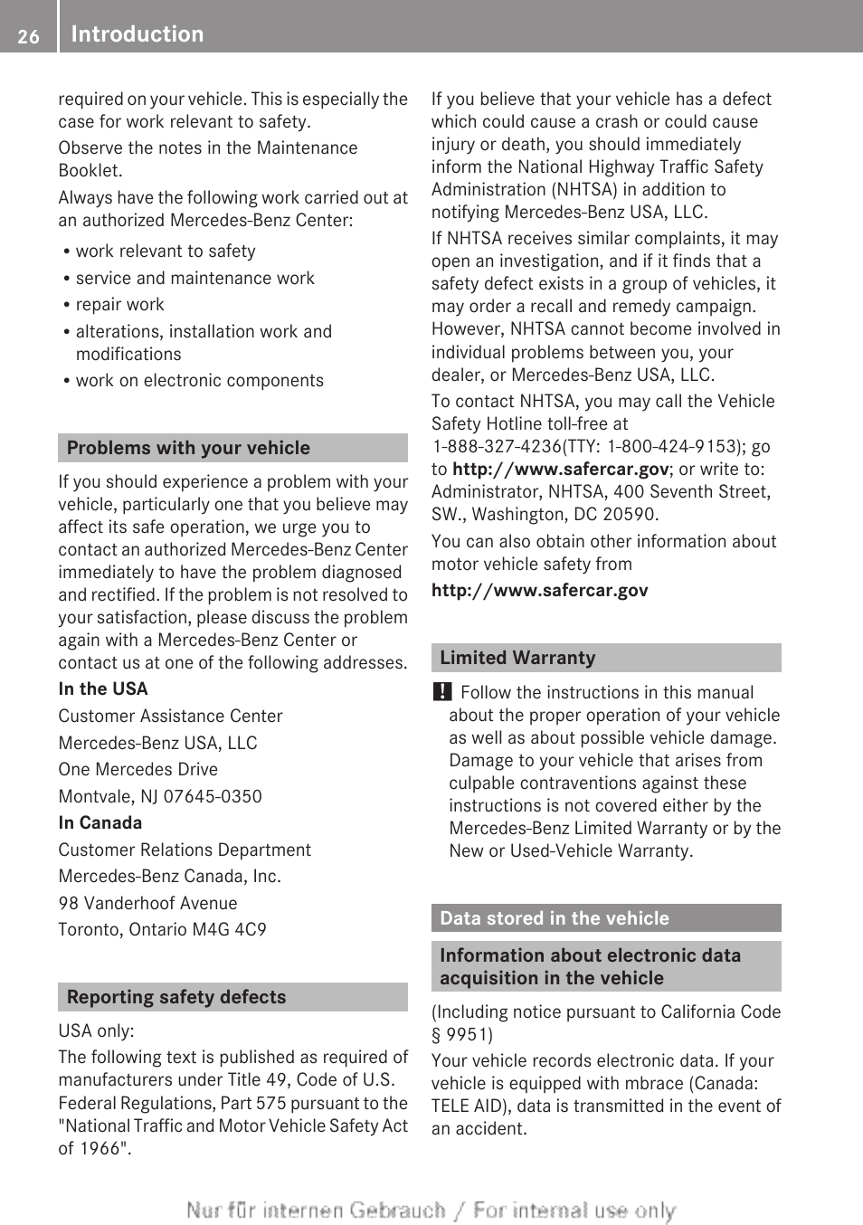 Problems with your vehicle, Reporting safety defects, Limited warranty | Data stored in the vehicle, Introduction | Mercedes-Benz 2013 C Class Sedan User Manual | Page 28 / 360