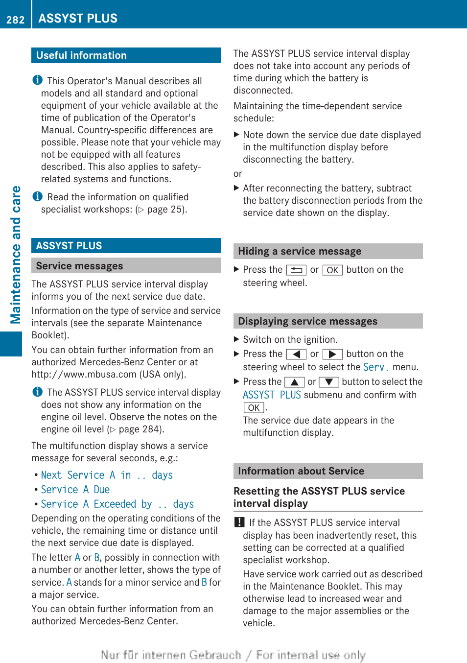 Maintenance and care, Useful information, Assyst plus | Service messages, Hiding a service message, Displaying service messages, Information about service | Mercedes-Benz 2013 C Class Sedan User Manual | Page 284 / 360