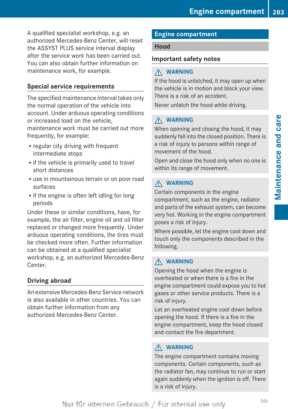 Engine compartment, Hood, Maintenance and care | Mercedes-Benz 2013 C Class Sedan User Manual | Page 285 / 360