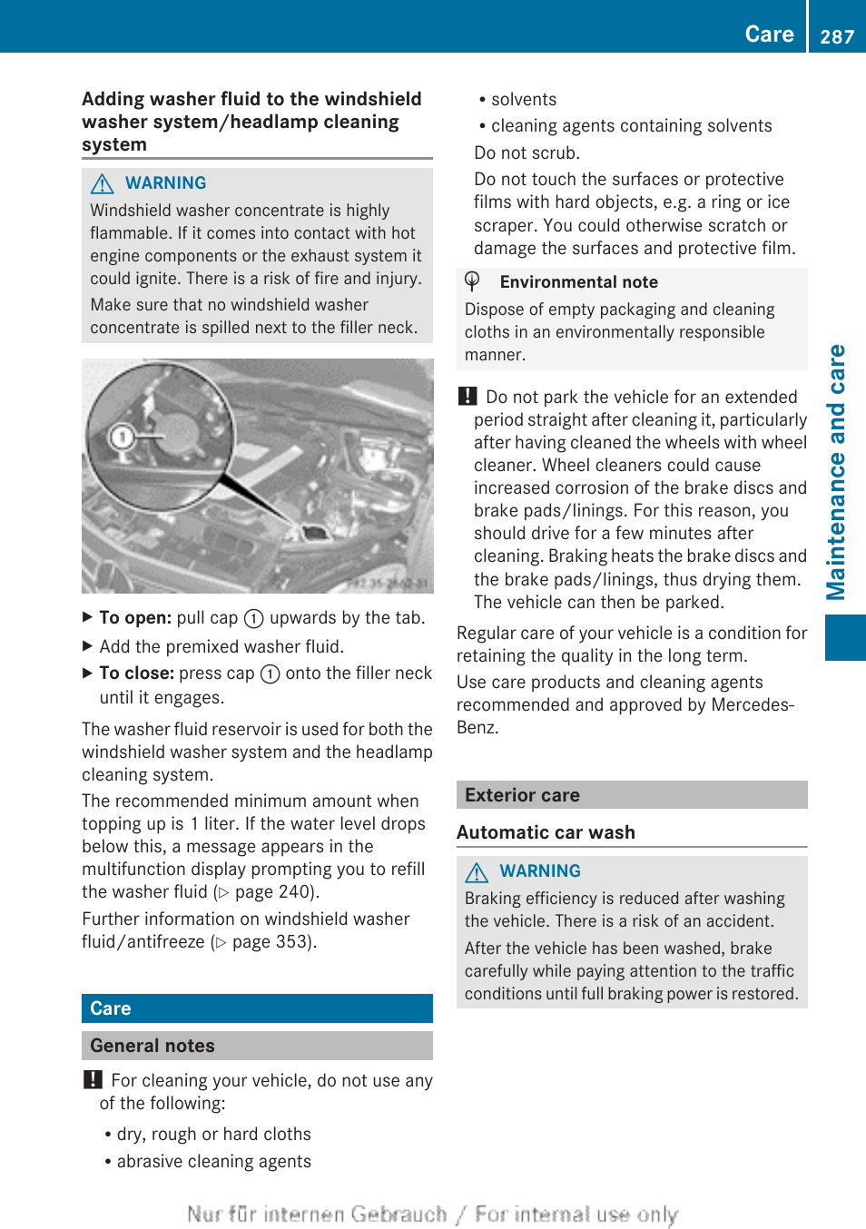 Care, General notes, Exterior care | Maintenance and care | Mercedes-Benz 2013 C Class Sedan User Manual | Page 289 / 360