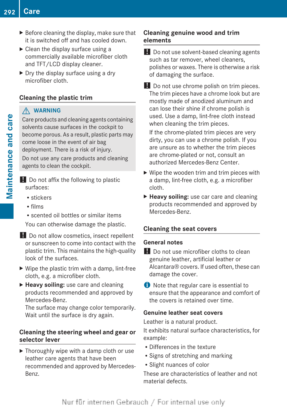 Cleaning, Maintenance and care, Care | Mercedes-Benz 2013 C Class Sedan User Manual | Page 294 / 360