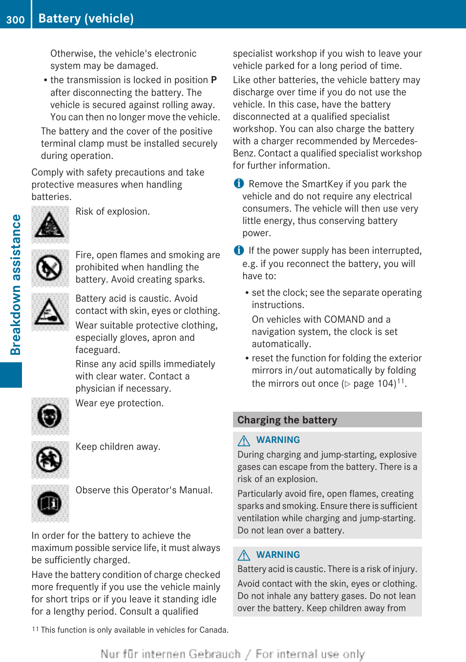 Charging the battery, Breakdown assistance, Battery (vehicle) | Mercedes-Benz 2013 C Class Sedan User Manual | Page 302 / 360