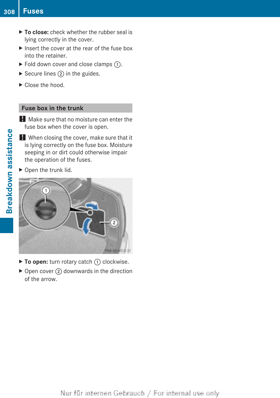 Fuse box in the trunk, Breakdown assistance, Fuses | Mercedes-Benz 2013 C Class Sedan User Manual | Page 310 / 360