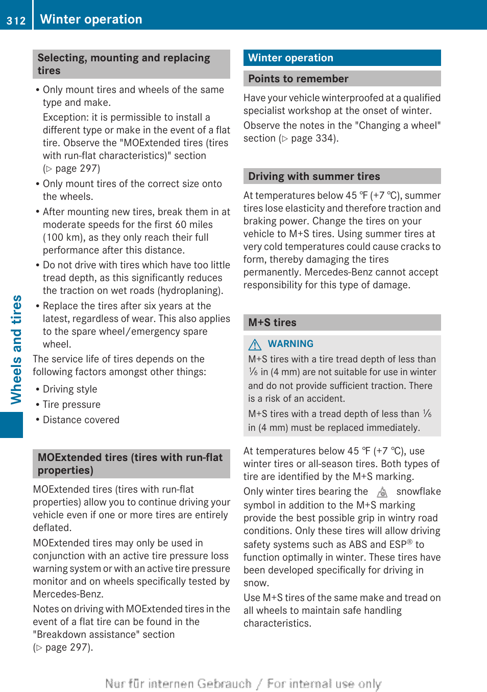 Selecting, mounting and replacing tires, Moextended tires (tires with run-flat properties), Winter operation | Points to remember, Driving with summer tires, M+s tires, Section, Wheels and tires | Mercedes-Benz 2013 C Class Sedan User Manual | Page 314 / 360