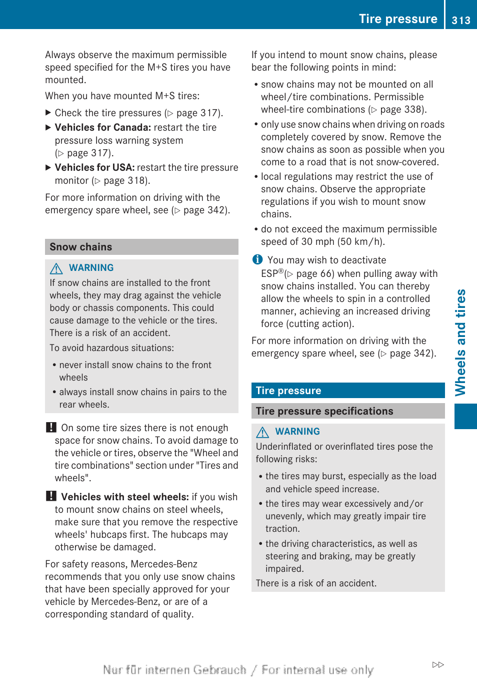 Snow chains, Tire pressure, Tire pressure specifications | Snow chains, see, Wheels and tires | Mercedes-Benz 2013 C Class Sedan User Manual | Page 315 / 360