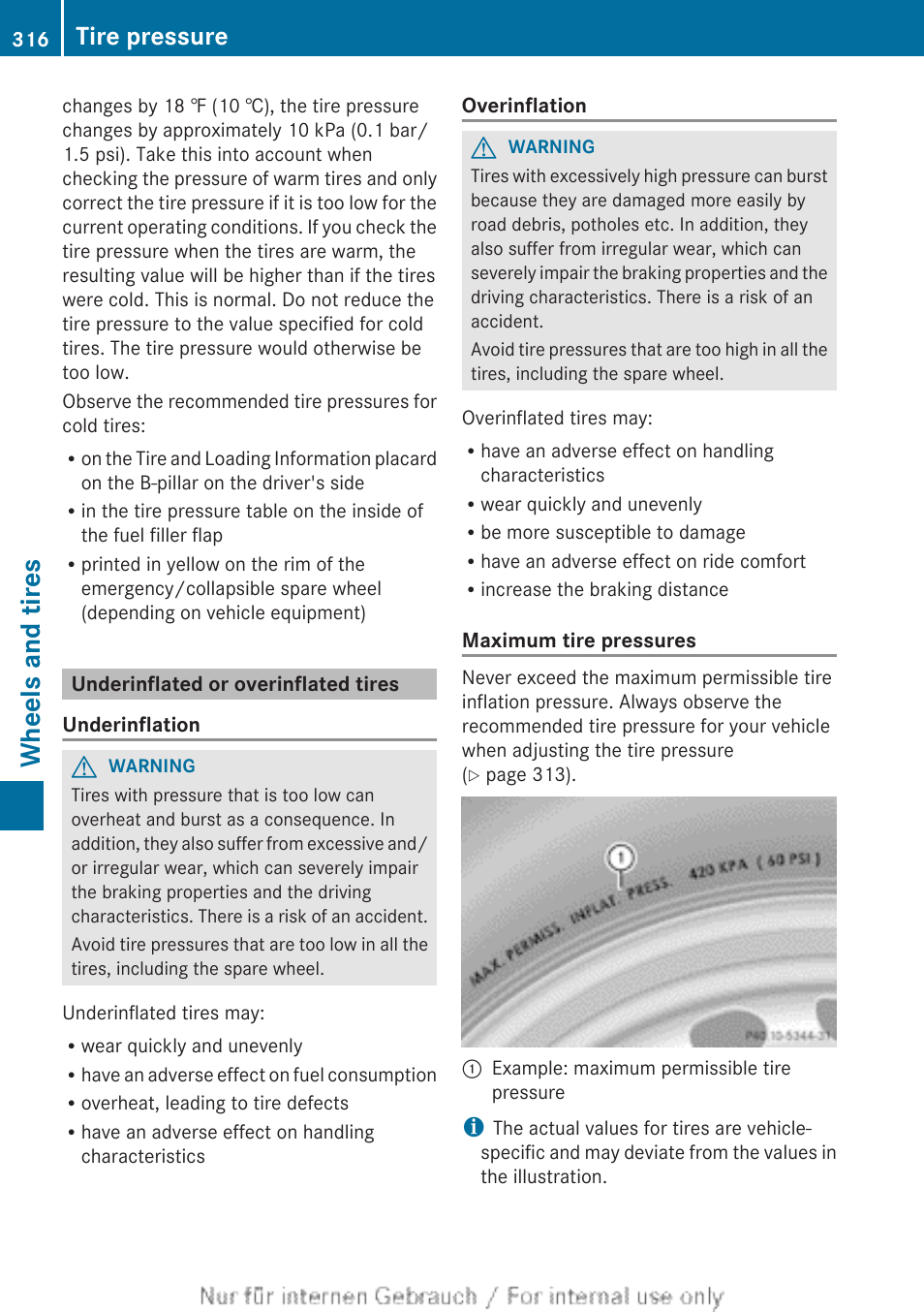 Underinflated or overinflated tires, Wheels and tires, Tire pressure | Mercedes-Benz 2013 C Class Sedan User Manual | Page 318 / 360