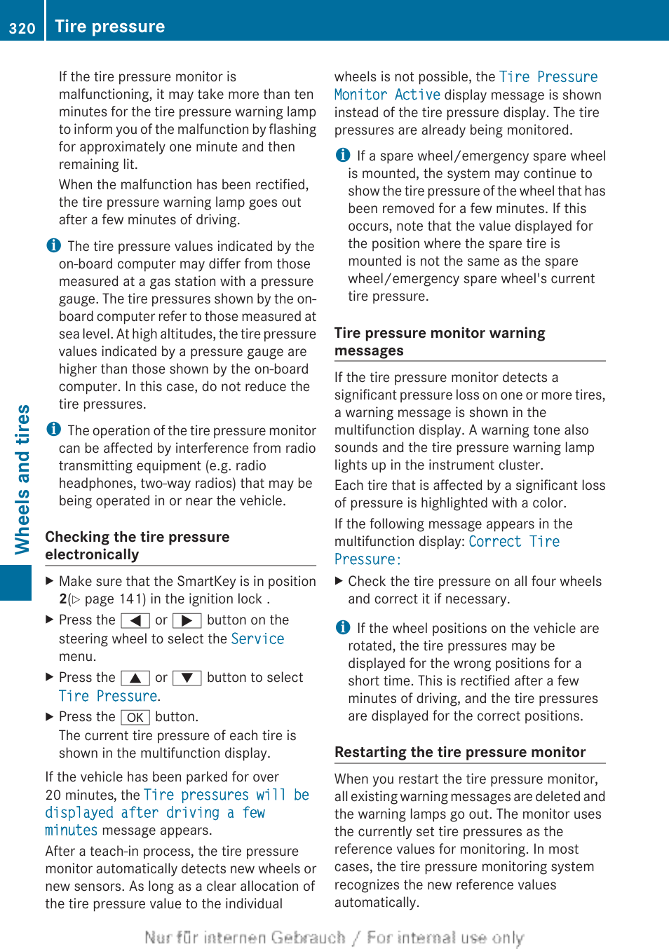 Restart the tire pressure monitor, Cold tires, Wheels and tires | Tire pressure | Mercedes-Benz 2013 C Class Sedan User Manual | Page 322 / 360