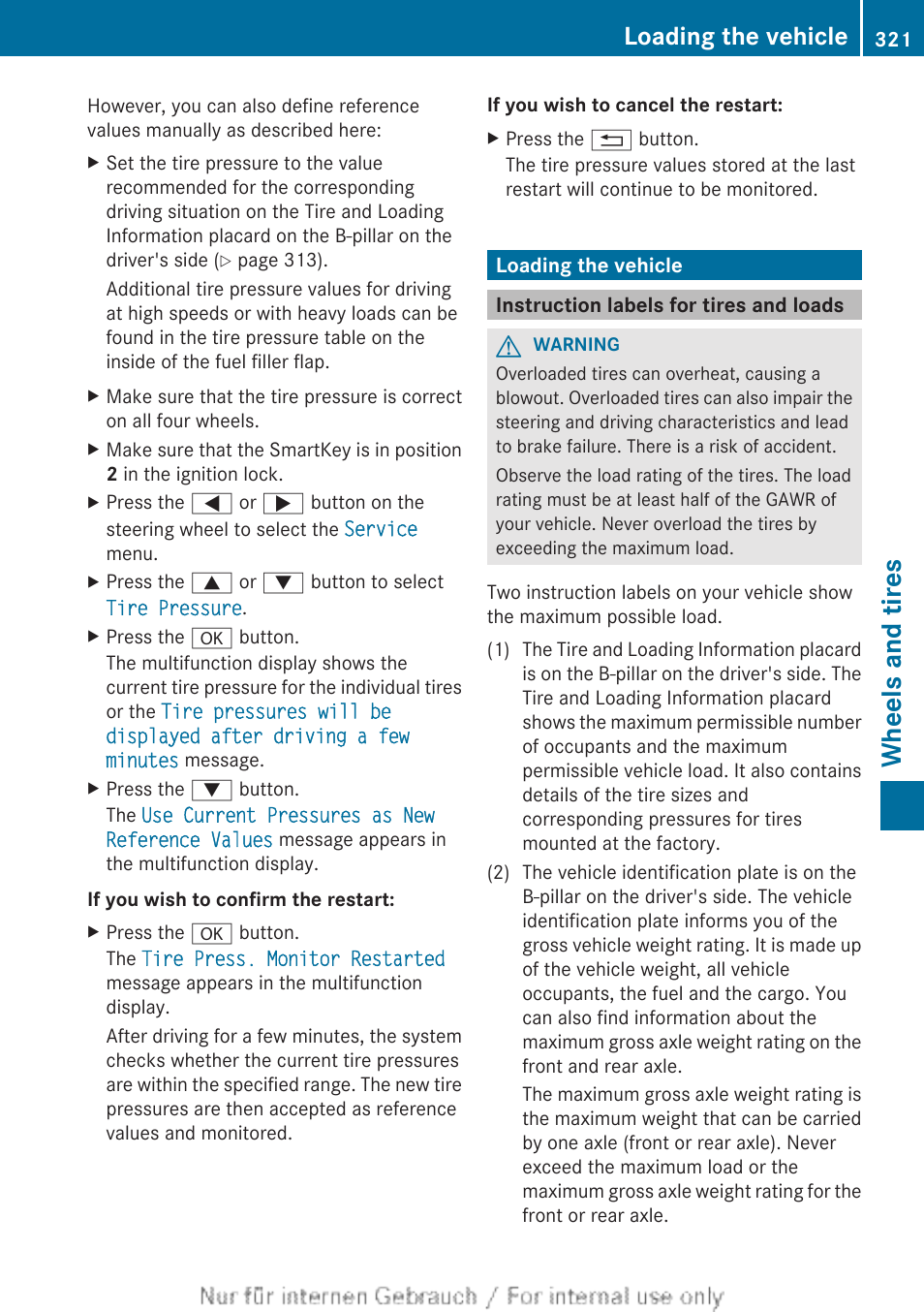 Loading the vehicle, Instruction labels for tires and loads, Wheels and tires | Mercedes-Benz 2013 C Class Sedan User Manual | Page 323 / 360