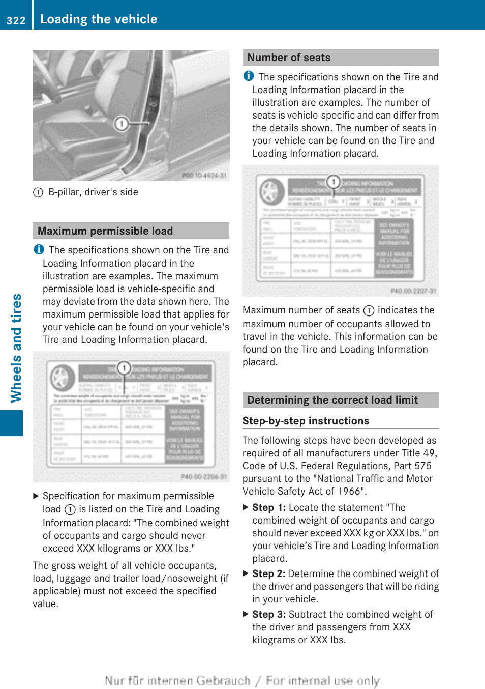 Maximum permissible load, Number of seats, Determining the correct load limit | Wheels and tires, Loading the vehicle | Mercedes-Benz 2013 C Class Sedan User Manual | Page 324 / 360