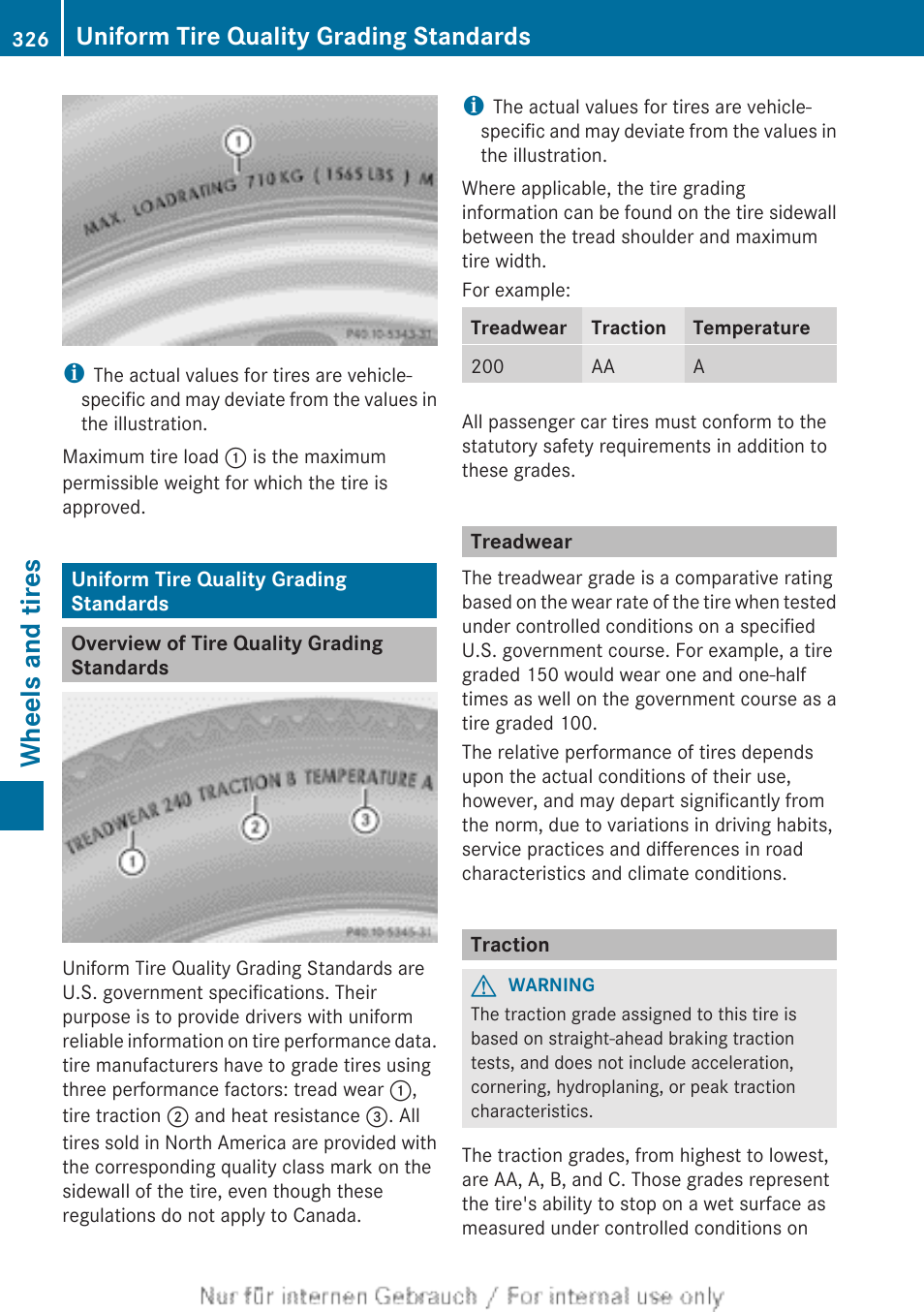 Uniform tire quality grading standards, Overview of tire quality grading standards, Treadwear | Traction, Uniform tire quality grading, Standards, Wheels and tires | Mercedes-Benz 2013 C Class Sedan User Manual | Page 328 / 360