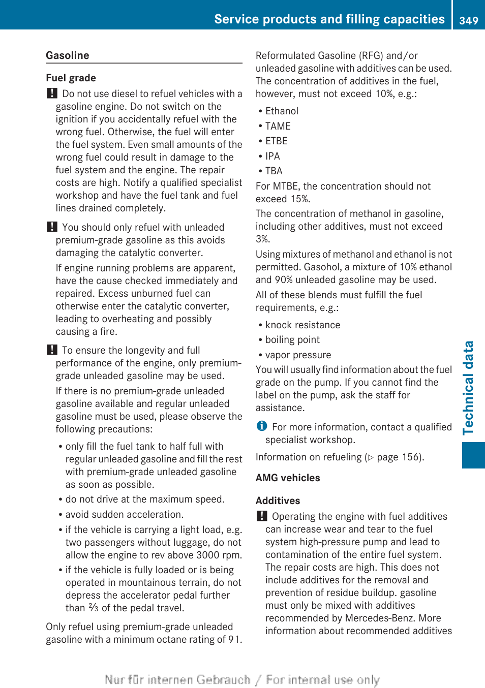 Technical data, Service products and filling capacities | Mercedes-Benz 2013 C Class Sedan User Manual | Page 351 / 360