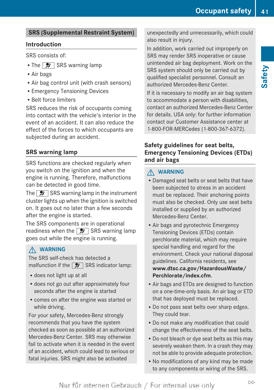 Srs (supplemental restraint system), Safety, Occupant safety | Mercedes-Benz 2013 C Class Sedan User Manual | Page 43 / 360