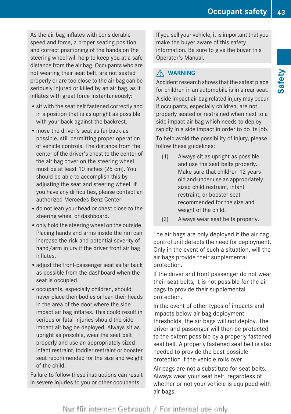 Safety, Occupant safety | Mercedes-Benz 2013 C Class Sedan User Manual | Page 45 / 360