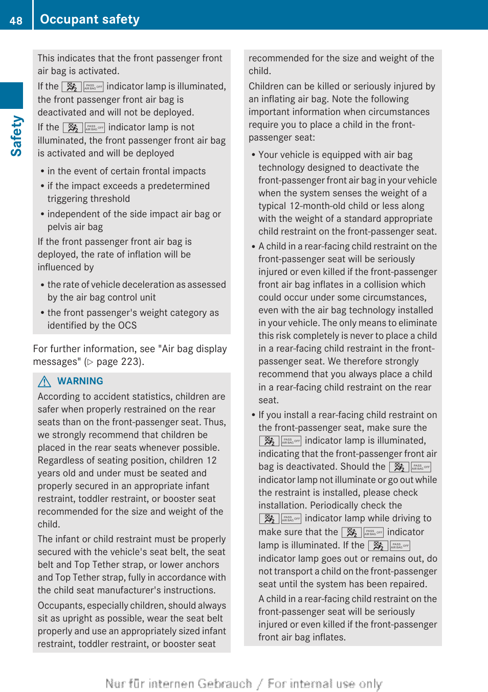 Safety, Occupant safety | Mercedes-Benz 2013 C Class Sedan User Manual | Page 50 / 360