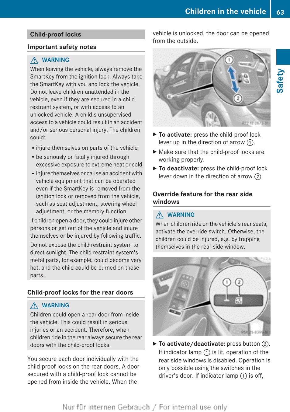 Child-proof locks, Safety, Children in the vehicle | Mercedes-Benz 2013 C Class Sedan User Manual | Page 65 / 360