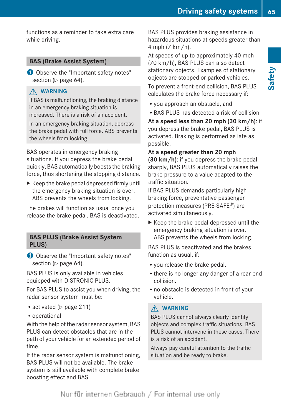 Bas (brake assist system), Bas plus (brake assist system plus), Safety | Driving safety systems | Mercedes-Benz 2013 C Class Sedan User Manual | Page 67 / 360