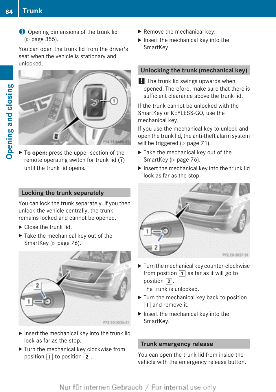 Locking the trunk separately, Unlocking the trunk (mechanical key), Trunk emergency release | Opening and closing, Trunk | Mercedes-Benz 2013 C Class Sedan User Manual | Page 86 / 360