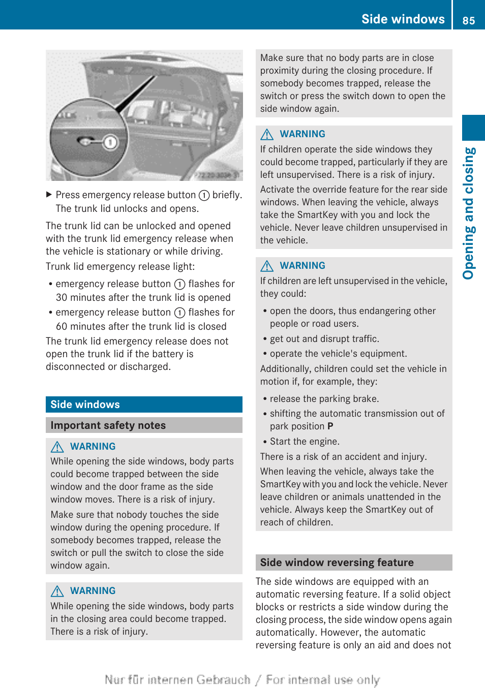 Side windows, Important safety notes, Side window reversing feature | Opening and closing | Mercedes-Benz 2013 C Class Sedan User Manual | Page 87 / 360