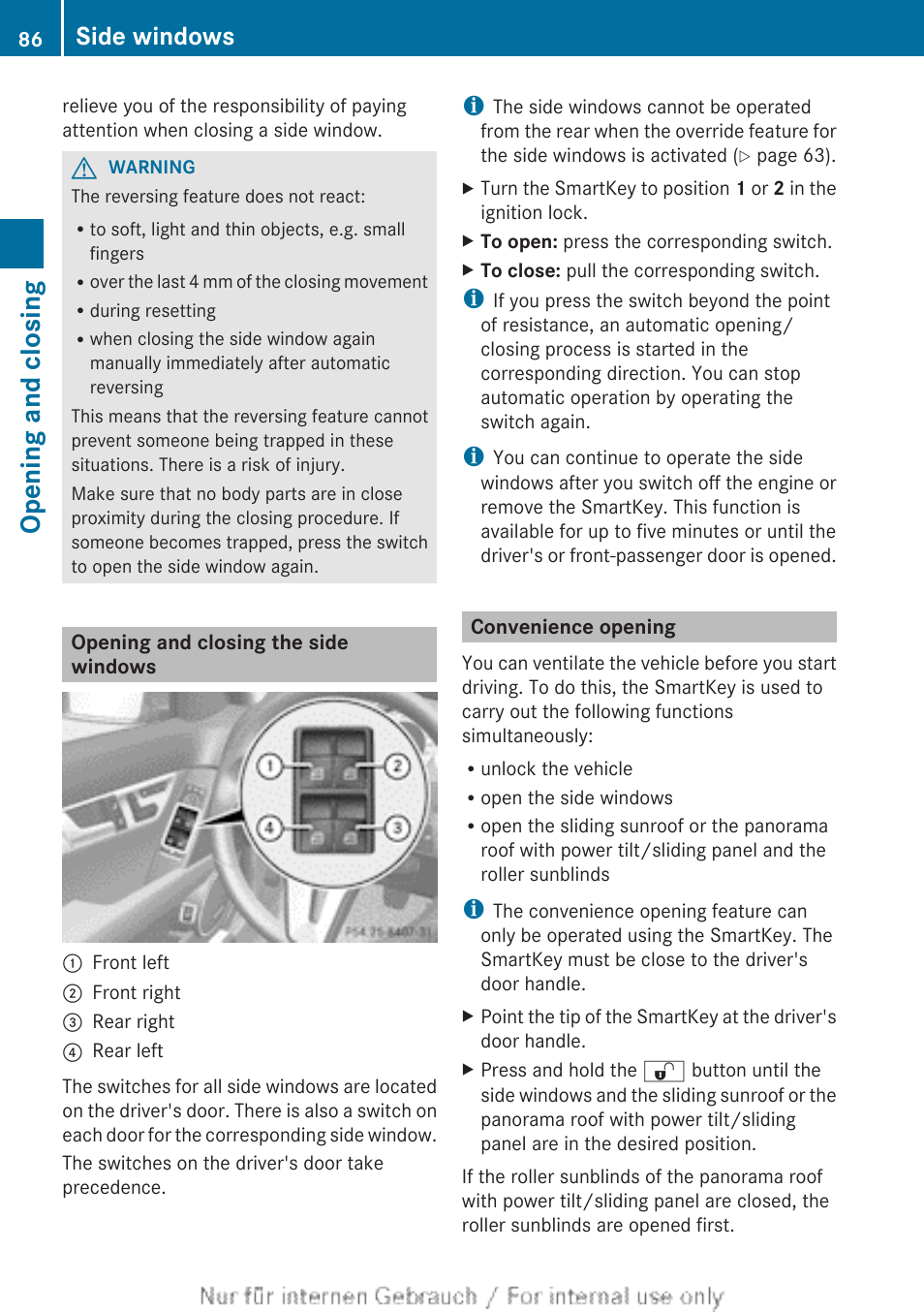 Opening and closing the side windows, Convenience opening, Opening and closing | Side windows | Mercedes-Benz 2013 C Class Sedan User Manual | Page 88 / 360