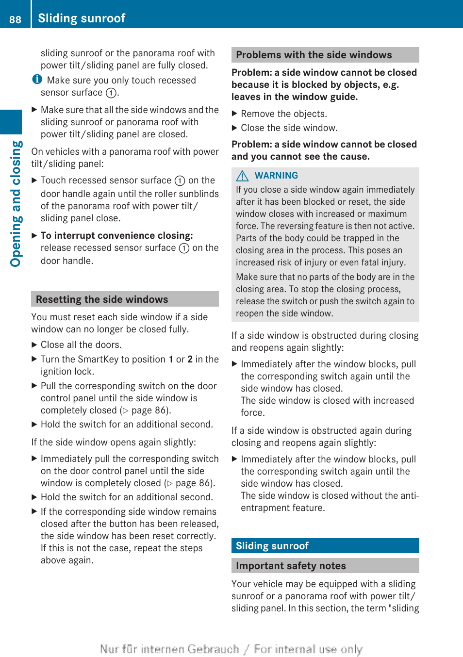 Resetting the side windows, Problems with the side windows, Sliding sunroof | Important safety notes, Opening and closing | Mercedes-Benz 2013 C Class Sedan User Manual | Page 90 / 360