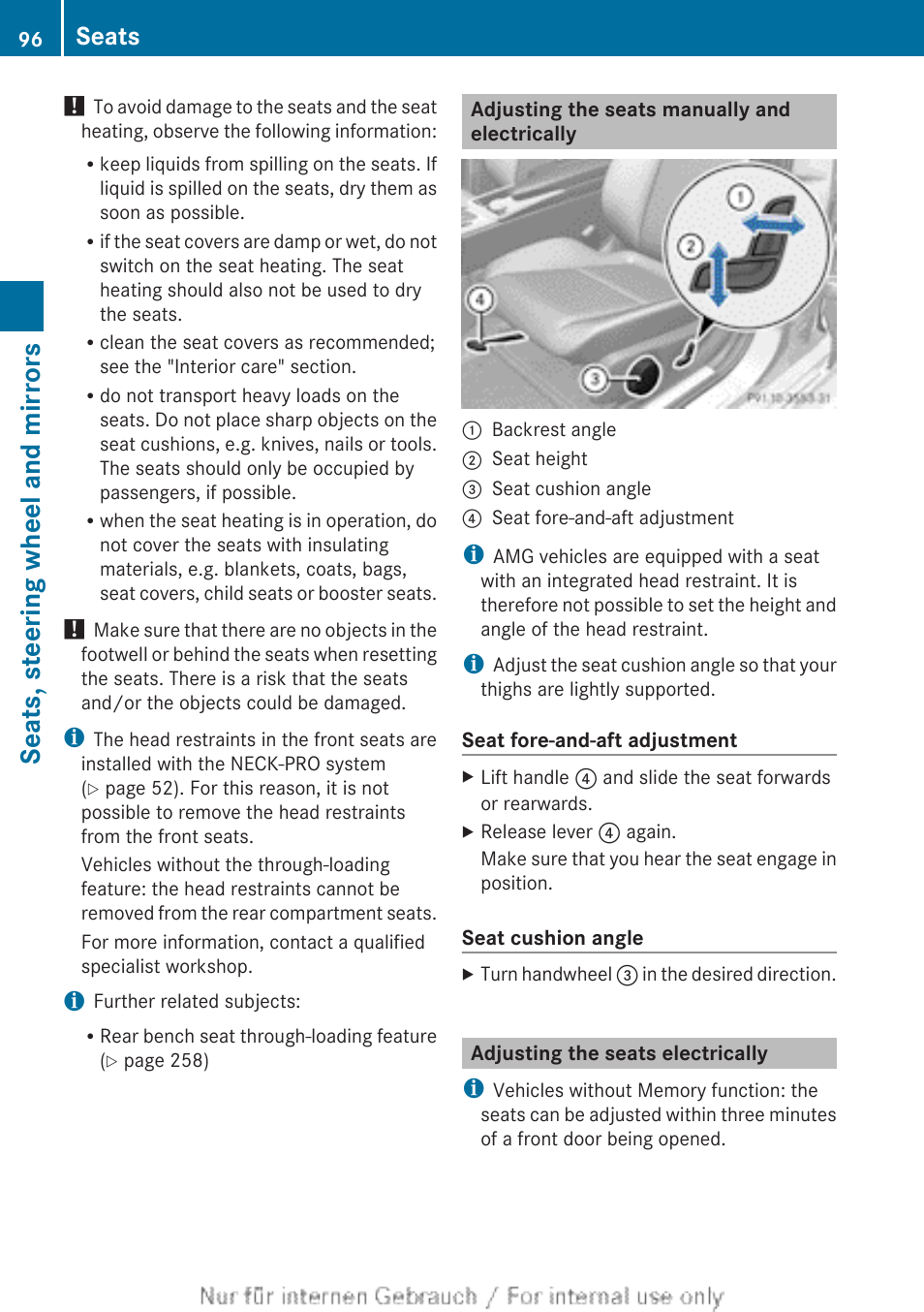 Adjusting the seats manually and electrically, Adjusting the seats electrically, Electrical seat adjustment | Seats, steering wheel and mirrors, Seats | Mercedes-Benz 2013 C Class Sedan User Manual | Page 98 / 360