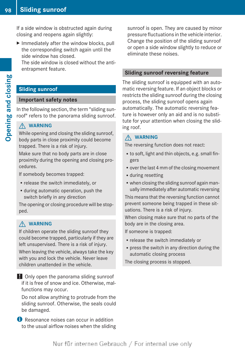 Sliding sunroof, Important safety notes, Sliding sunroof reversing feature | Opening and closing | Mercedes-Benz 2013 C Class Coupe User Manual | Page 100 / 388