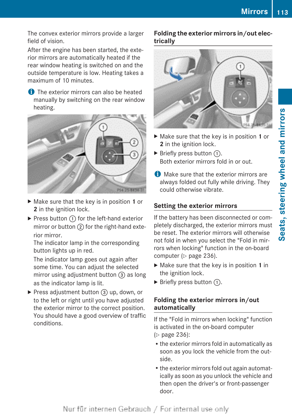 Seats, steering wheel and mirrors, Mirrors | Mercedes-Benz 2013 C Class Coupe User Manual | Page 115 / 388