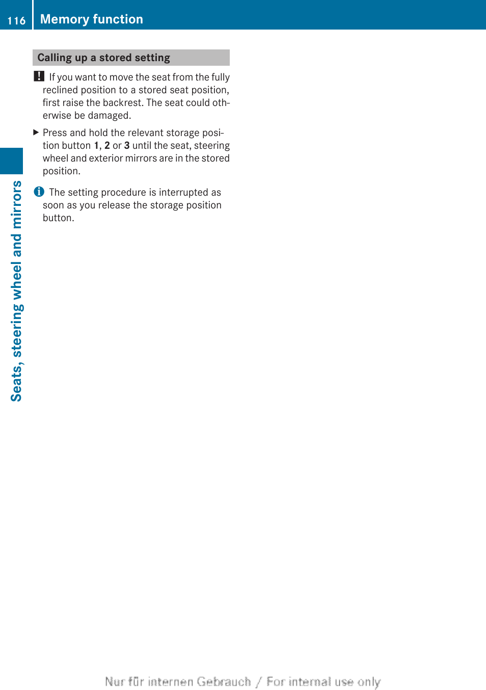 Calling up a stored setting, Seats, steering wheel and mirrors | Mercedes-Benz 2013 C Class Coupe User Manual | Page 118 / 388