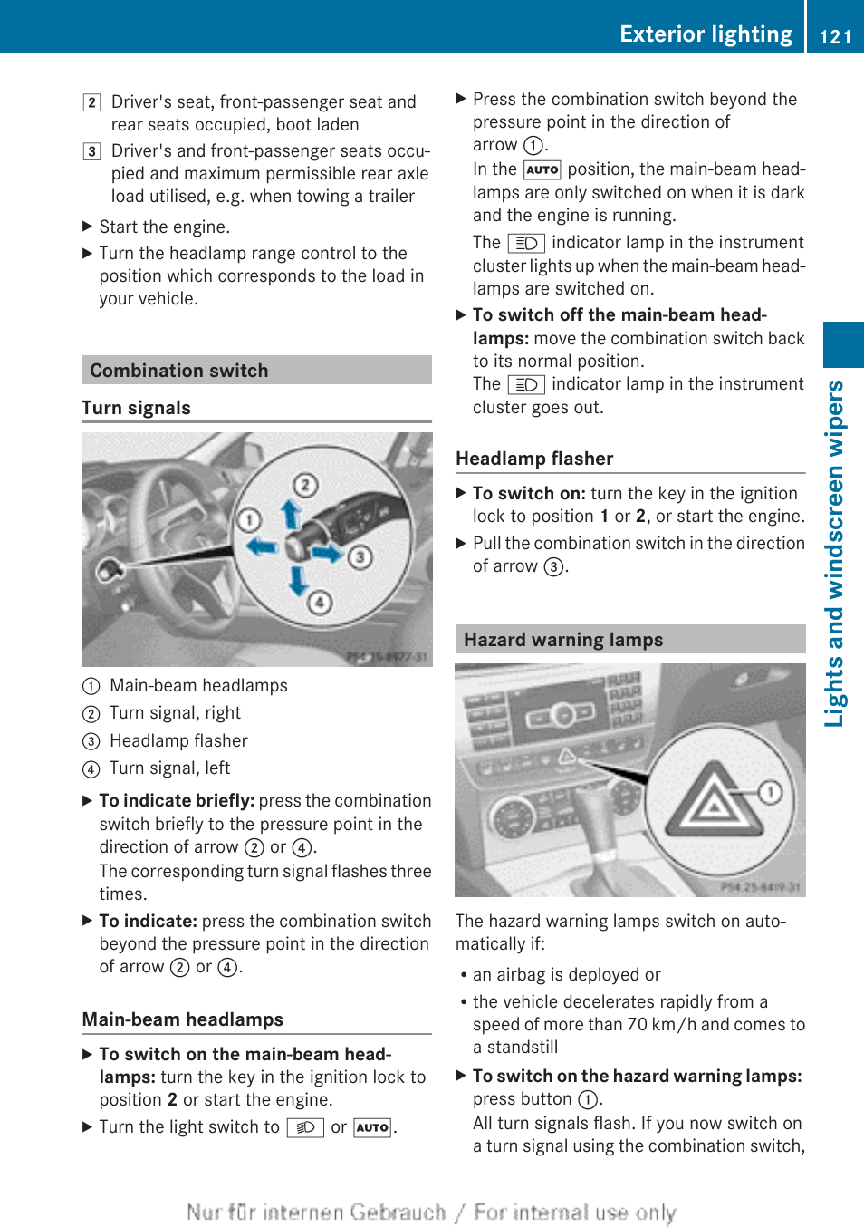 Combination switch, Hazard warning lamps, Warning button | Lights and windscreen wipers, Exterior lighting | Mercedes-Benz 2013 C Class Coupe User Manual | Page 123 / 388