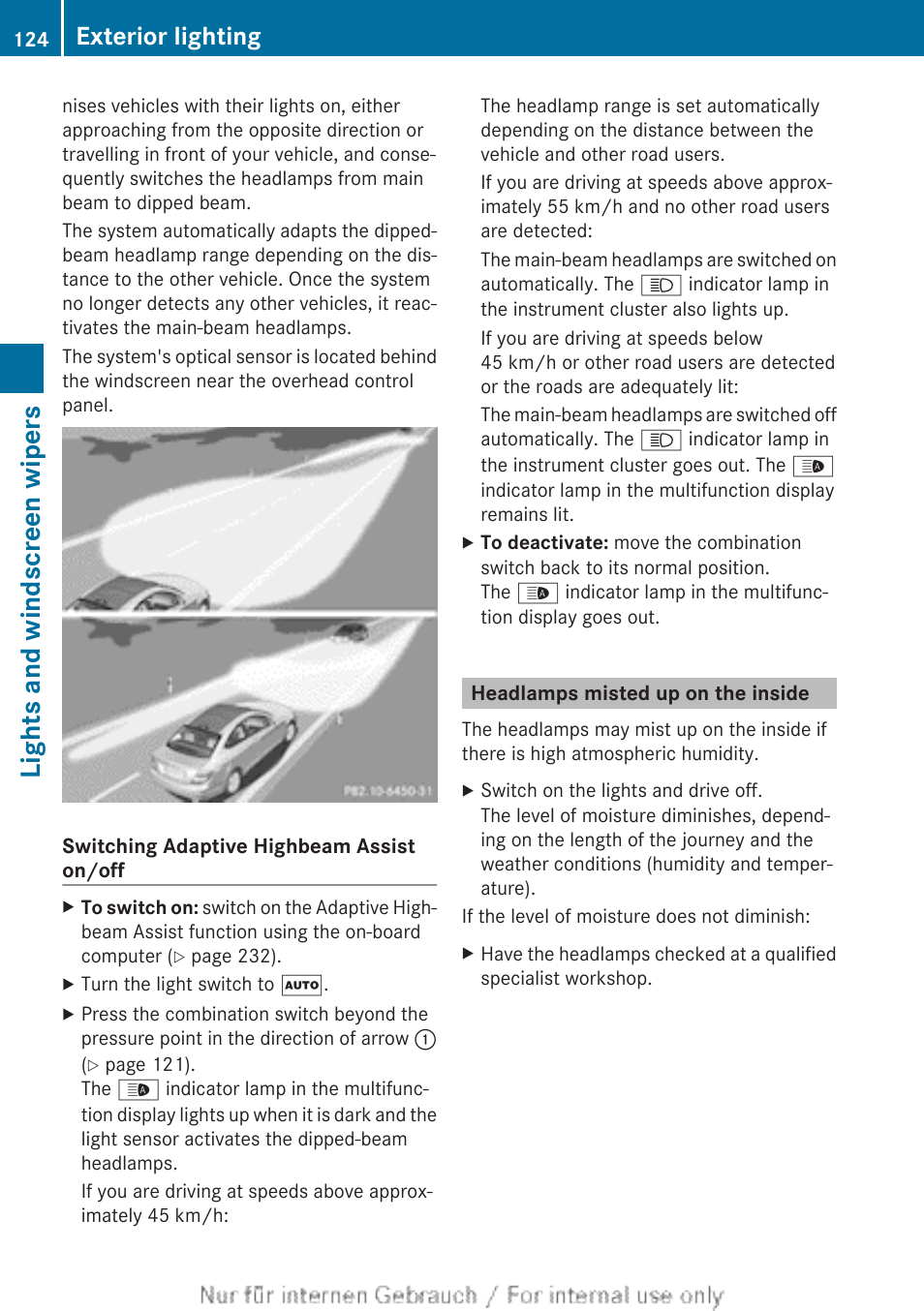 Headlamps misted up on the inside, Lights and windscreen wipers, Exterior lighting | Mercedes-Benz 2013 C Class Coupe User Manual | Page 126 / 388