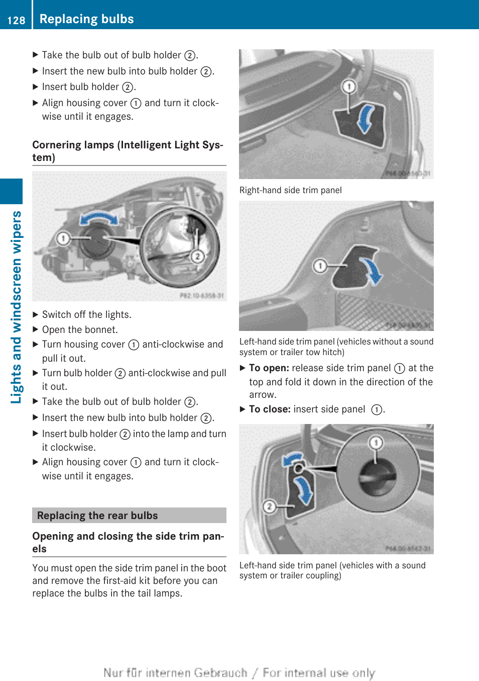 Replacing the rear bulbs, Lights and windscreen wipers, Replacing bulbs | Mercedes-Benz 2013 C Class Coupe User Manual | Page 130 / 388